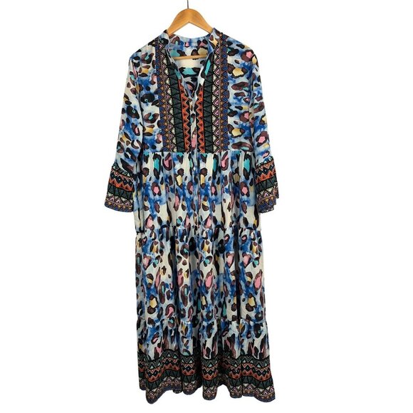 Multi-Color Bohemian Maxi Dress With Vibrant Patterns & 3/4 Sleeves - Picture 1 of 5